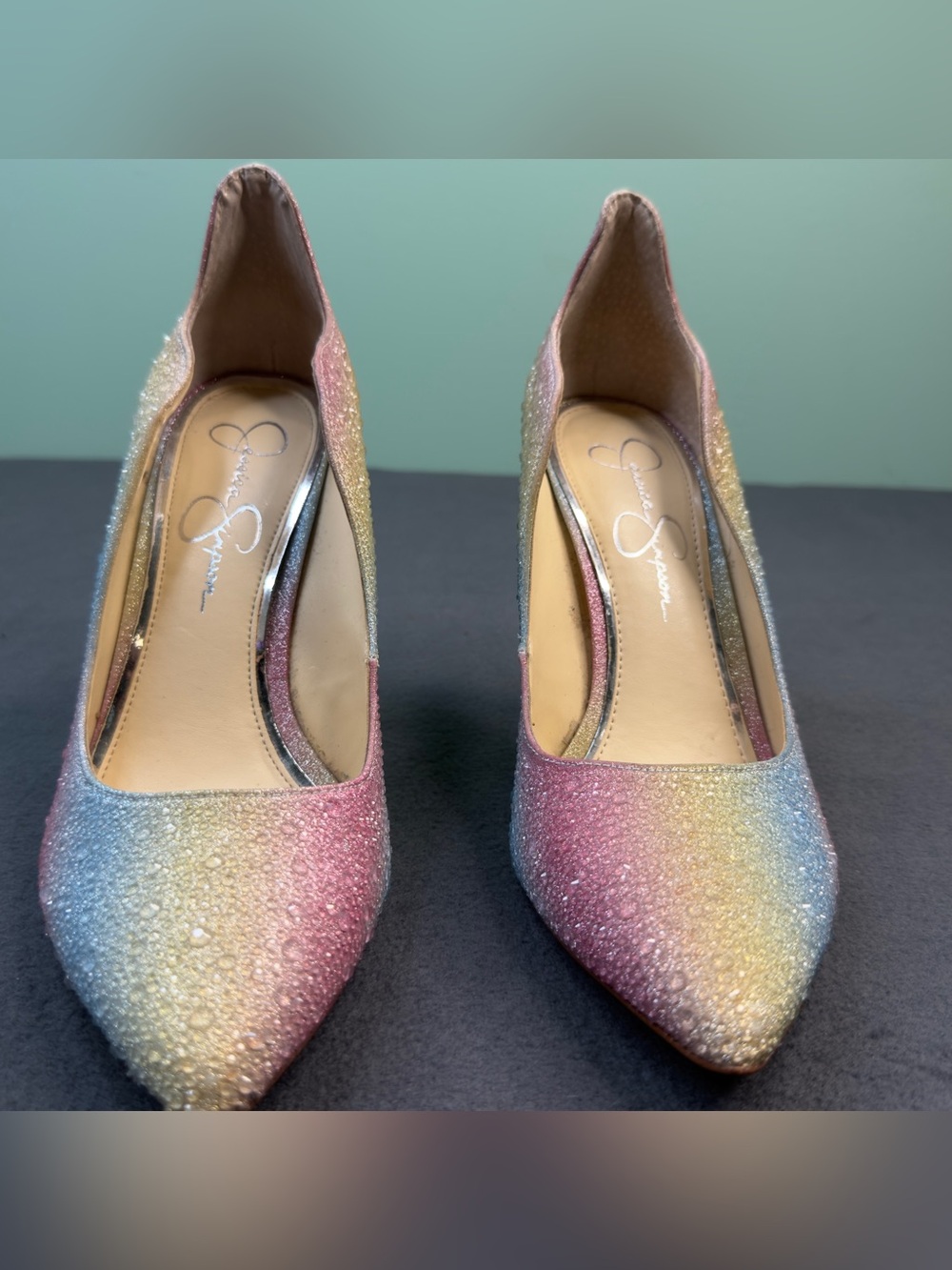 Jessica Simpson Pastel Rainbow Crystal Pointed Toe Pumps - Pink Blue Yellow - Picture 3 of 12